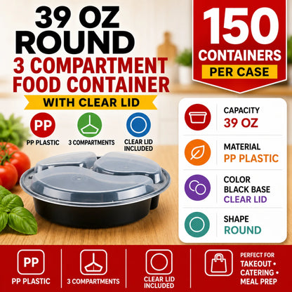 39 oz Black PP Round 3-Compartment Food Container with Clear Lid - 150/Case