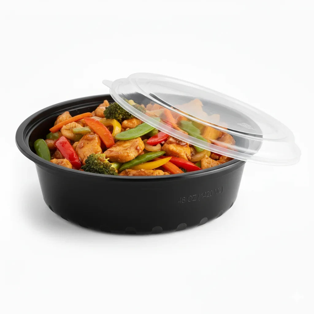 48 oz Black PP Round Food Container with Clear Lid - 150/Case