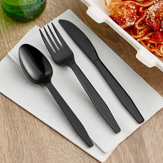 Disposable Wrapped Black Heavy Duty Cutlery Kit 6 in 1 MealKit - 250/Case