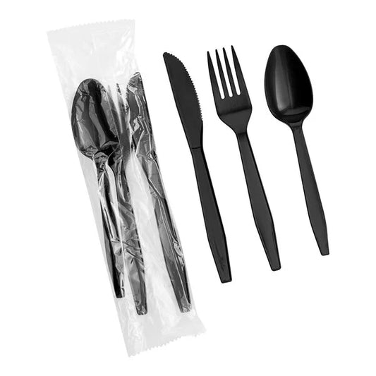 Disposable Wrapped Black Heavy Duty Cutlery Kit 6 in 1 MealKit - 250/Case