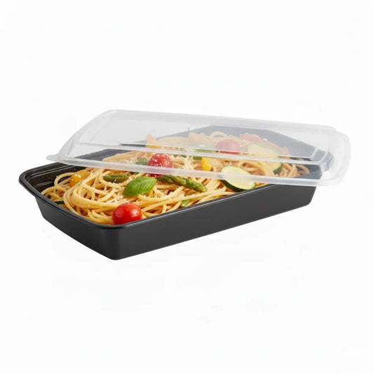 58 oz Black PP Rectangular Food Container with Clear Lid - 150/Case