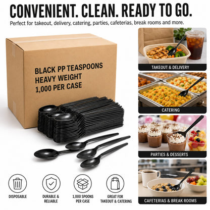 6 3/8" Heavy Weight Black Polypropylene Plastic Teaspoons - 1,000/Case