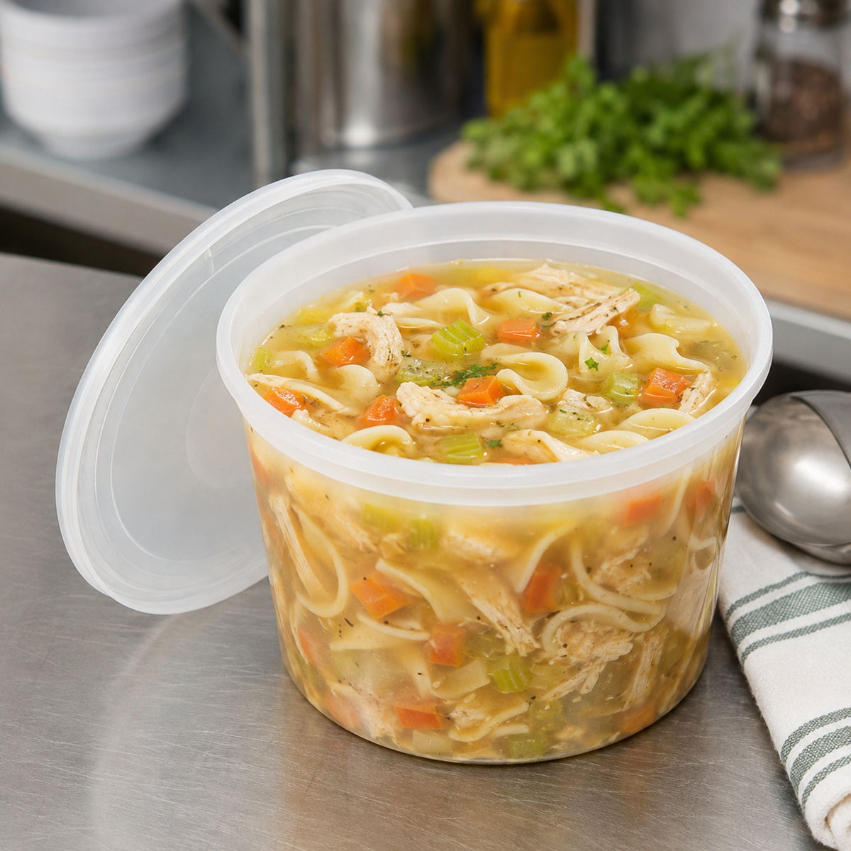 64 oz. Heavy-Duty Microwavable Translucent Plastic Deli Soup Containers with Lids - 120/Case