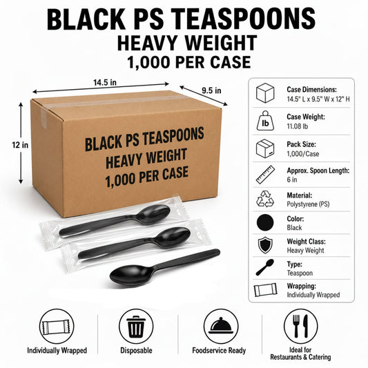 6" Individually Wrapped Heavy Weight Black Polystyrene Plastic Teaspoons - 1,000/Case
