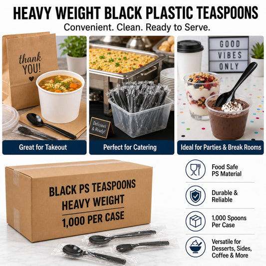 6" Individually Wrapped Heavy Weight Black Polystyrene Plastic Teaspoons - 1,000/Case