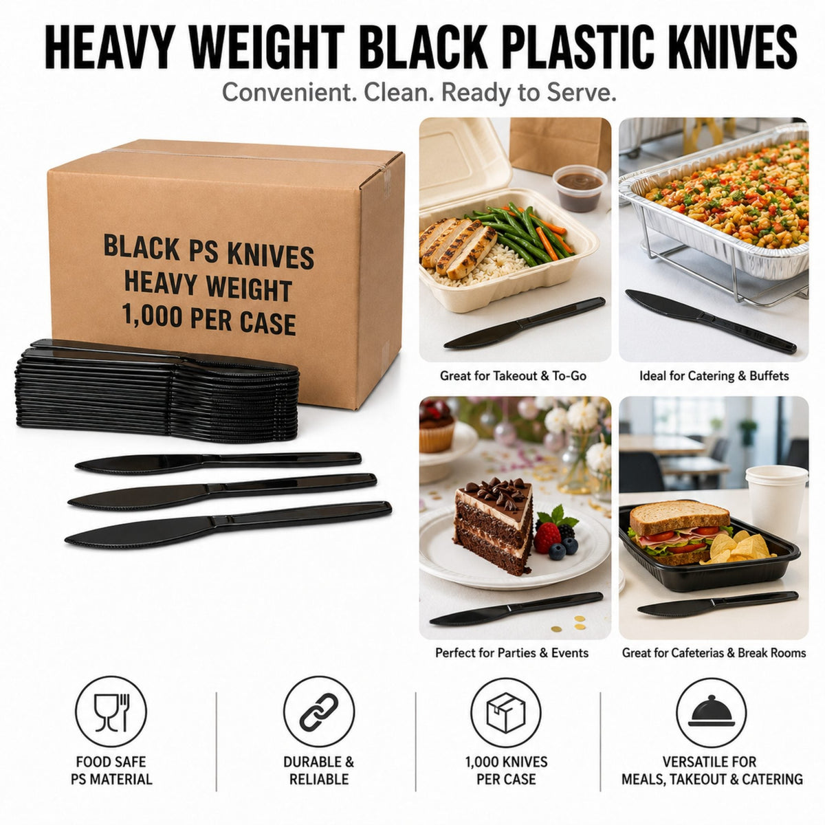 7 1/2" Heavy Weight Black Polystyrene Plastic Knives - 1,000/Case