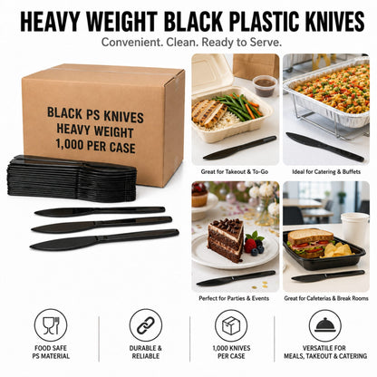 7 1/2" Heavy Weight Black Polystyrene Plastic Knives - 1,000/Case