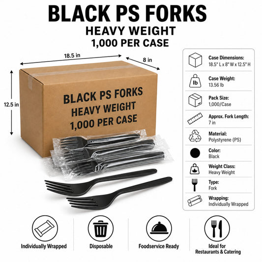 7" Individually Wrapped Heavy Weight Black Polystyrene Plastic Forks - 1,000/Case