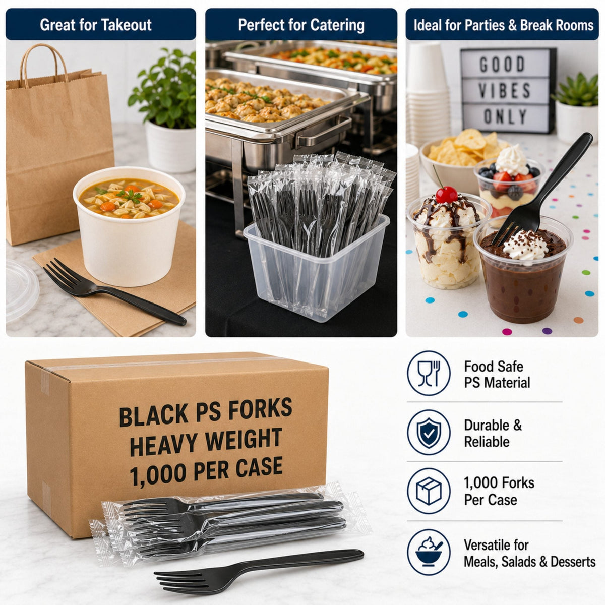 7" Individually Wrapped Heavy Weight Black Polystyrene Plastic Forks - 1,000/Case