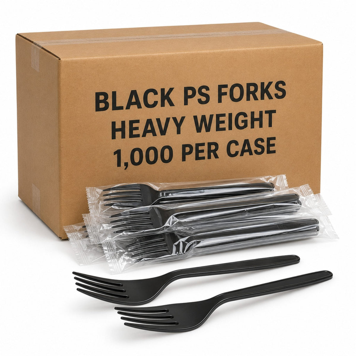 7" Individually Wrapped Heavy Weight Black Polystyrene Plastic Forks - 1,000/Case