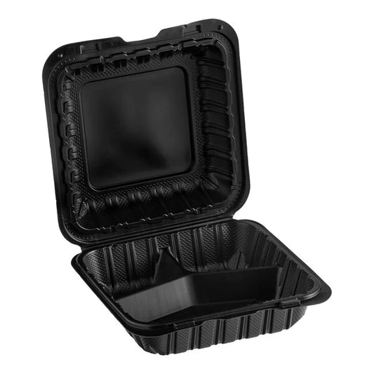8x8 PP Hinged Container (3 Compartment) 803 Black - 150/Case