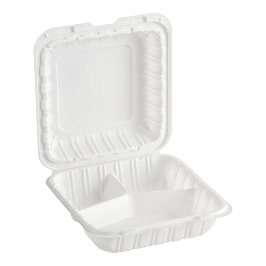 8x8 PP Hinged Container (3 Compartment) 803 White - 150/Case