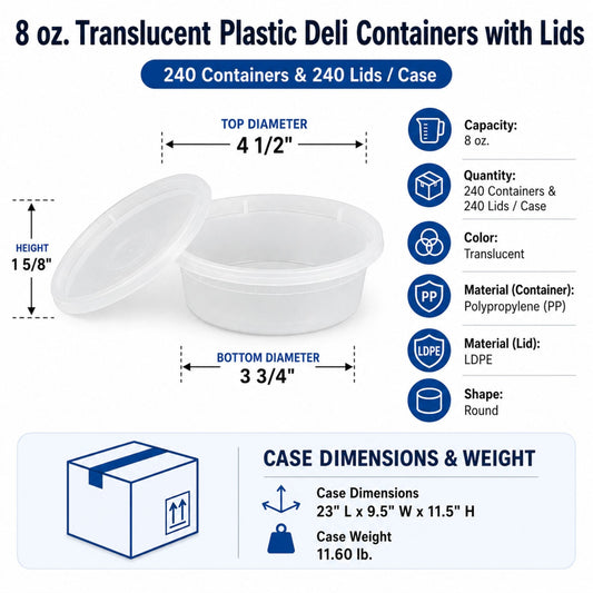 8 oz. Heavy-Duty Microwavable Translucent Plastic Deli Containers with Lids - 240/Case