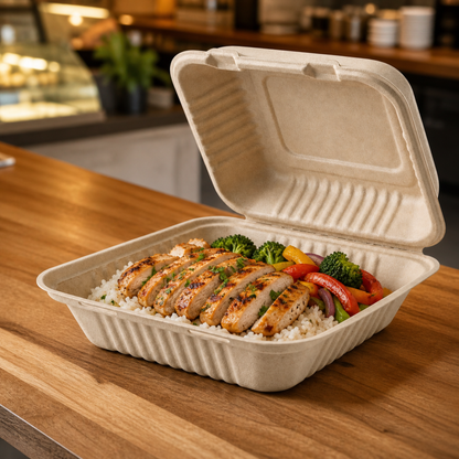 Rise Up 8" x 8" Natural Bagasse Take-Out Container - 200/Case