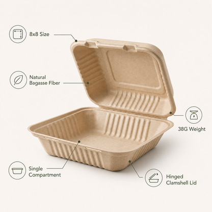 Rise Up 8" x 8" Natural Bagasse Take-Out Container - 200/Case