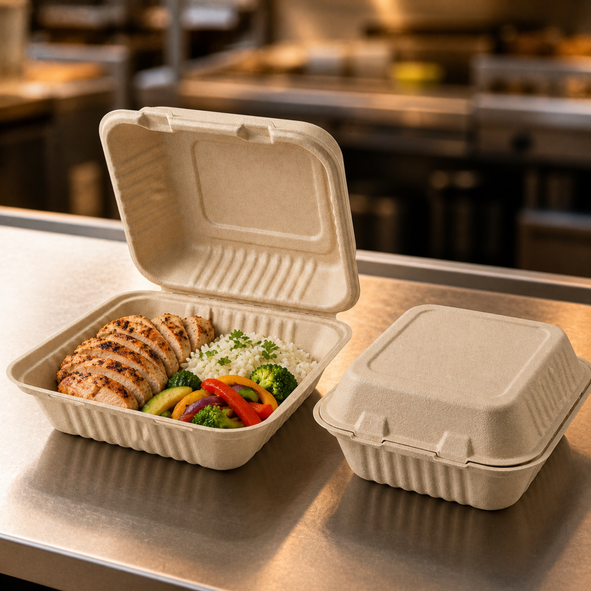 Rise Up 8" x 8" Natural Bagasse Take-Out Container - 200/Case