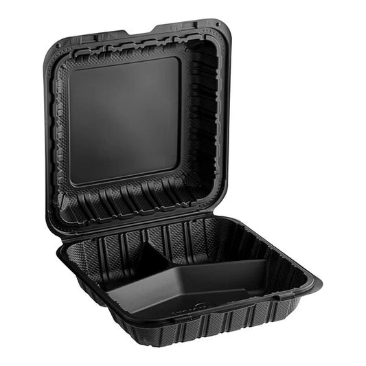 9x9 PP Hinged Container (3 Compartment) 903 Black - 150/Case