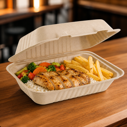 Rise Up 9" x 6" Natural Bagasse Take-Out Container - 250/Case