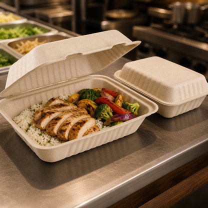 Rise Up 9" x 6" Natural Bagasse Take-Out Container - 250/Case