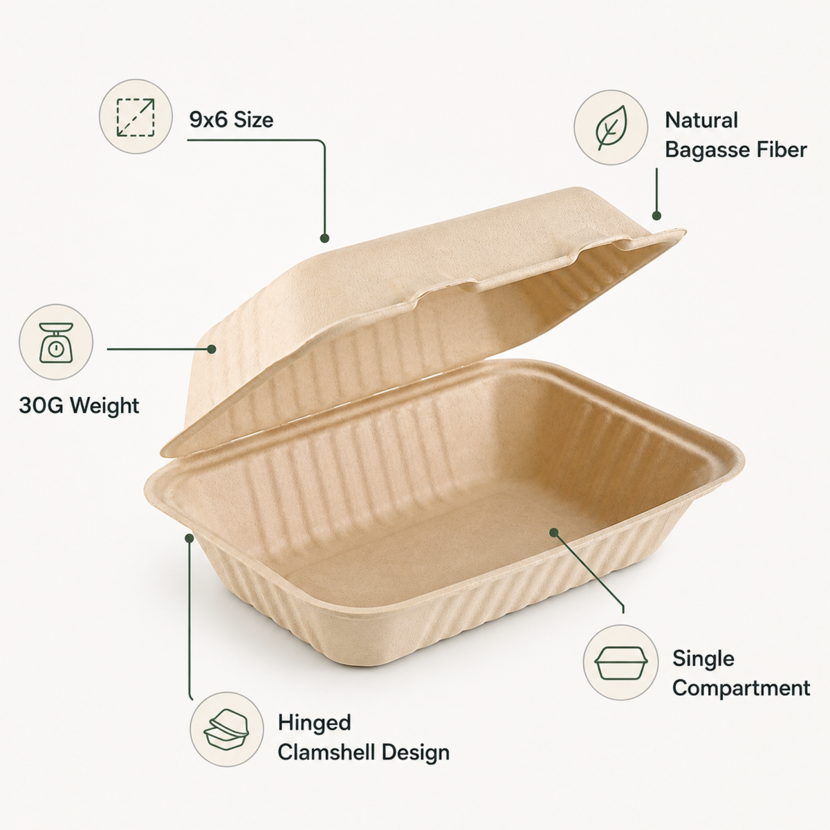 Rise Up 9" x 6" Natural Bagasse Take-Out Container - 250/Case