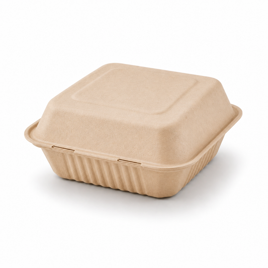 Rise Up 9" x 9" Natural Bagasse 1-Compartment Clamshell Container - 200/Case