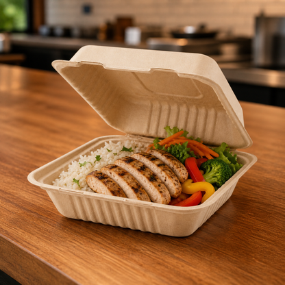 Rise Up 9" x 9" Natural Bagasse 1-Compartment Clamshell Container - 200/Case