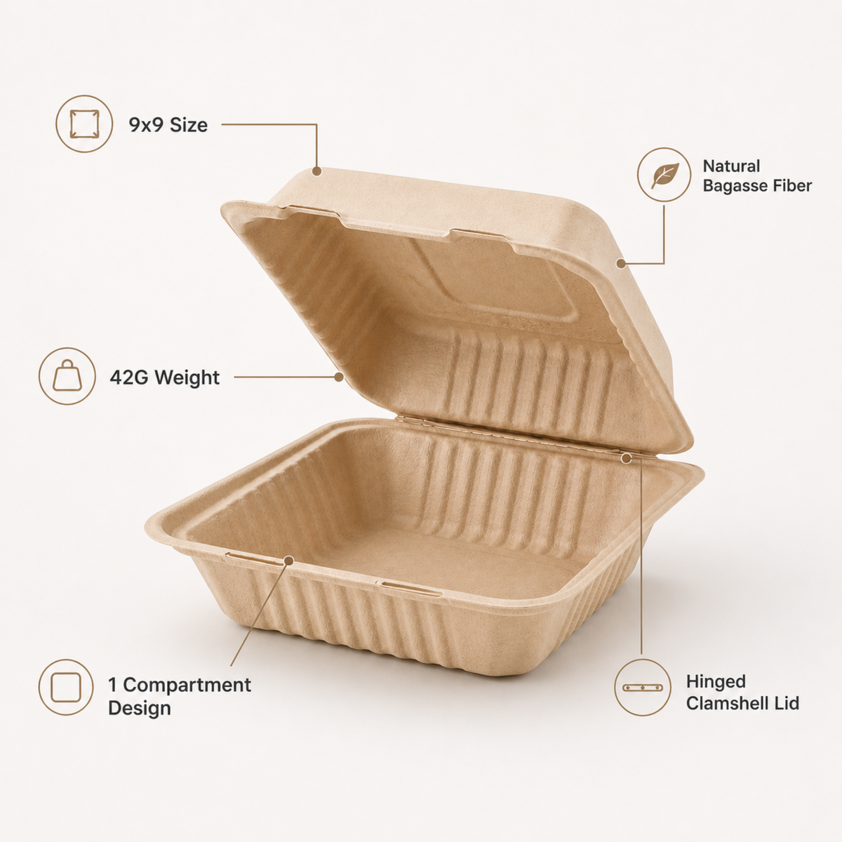 Rise Up 9" x 9" Natural Bagasse 1-Compartment Clamshell Container - 200/Case