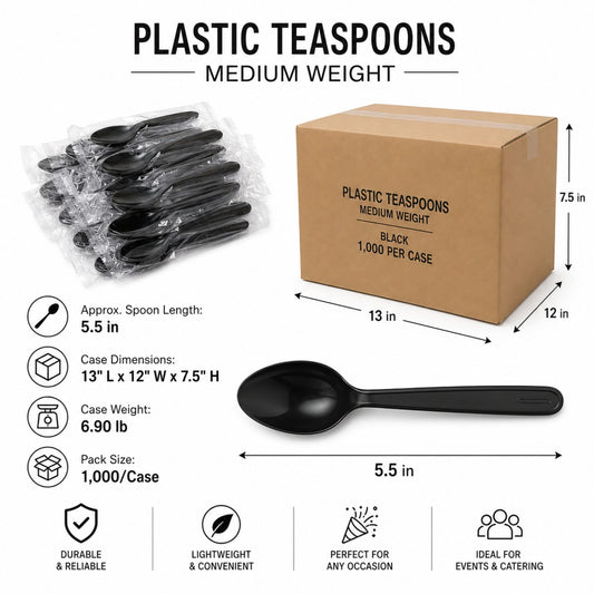 Individually Wrapped Medium Weight Black Plastic Teaspoons - 1,000/Case