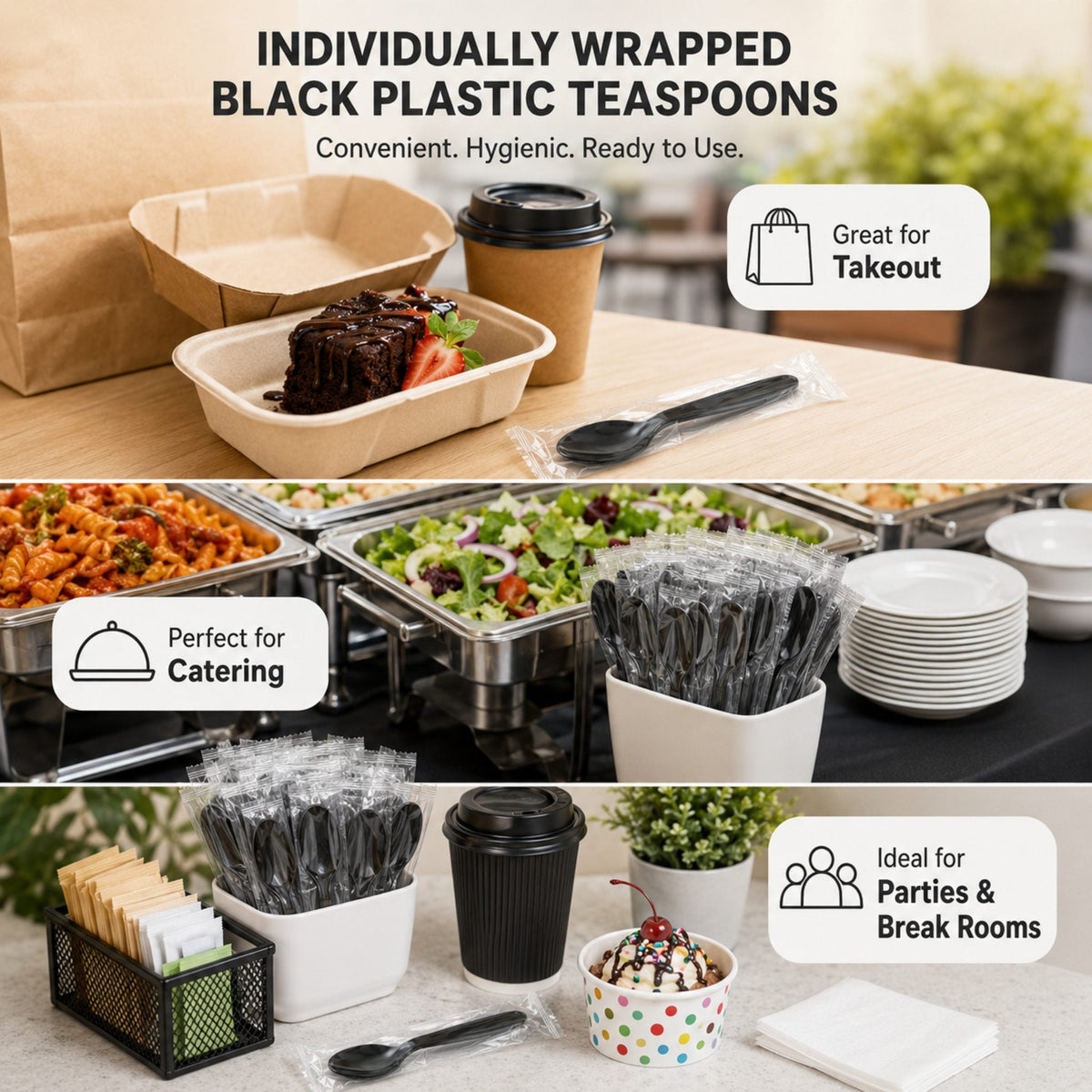 Individually Wrapped Medium Weight Black Plastic Teaspoons - 1,000/Case