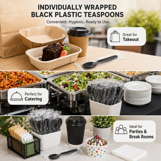 Individually Wrapped Medium Weight Black Plastic Teaspoons - 1,000/Case