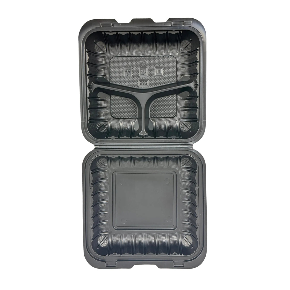 Black Hinged Container (Mineral-Filled Polypropylene) 3 Compartment 8x8