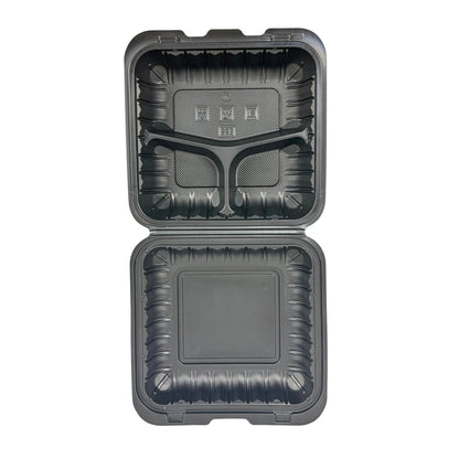 Black Hinged Container (Mineral-Filled Polypropylene) 3 Compartment 8x8