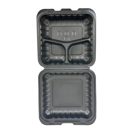 Black Hinged Container (Mineral-Filled Polypropylene) 3 Compartment 9" x 9" - Microwaveable Takeout Container