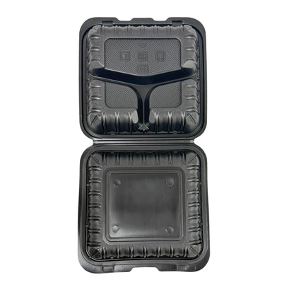 Black Hinged Container (Mineral-Filled Polypropylene) 3 Compartment 8x8
