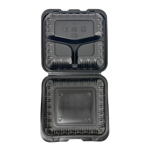Black Hinged Container (Mineral-Filled Polypropylene) 3 Compartment 9" x 9" - Microwaveable Takeout Container