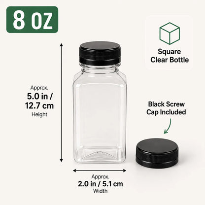 8 oz Square Clear PET Juice Bottle with Lid - 50/Case