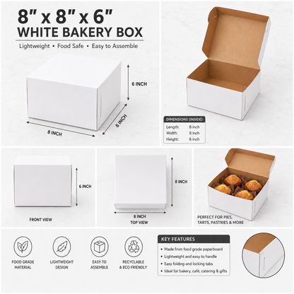 8" x 8" x 6" White Customizable Cake / Bakery Box - 100/Case