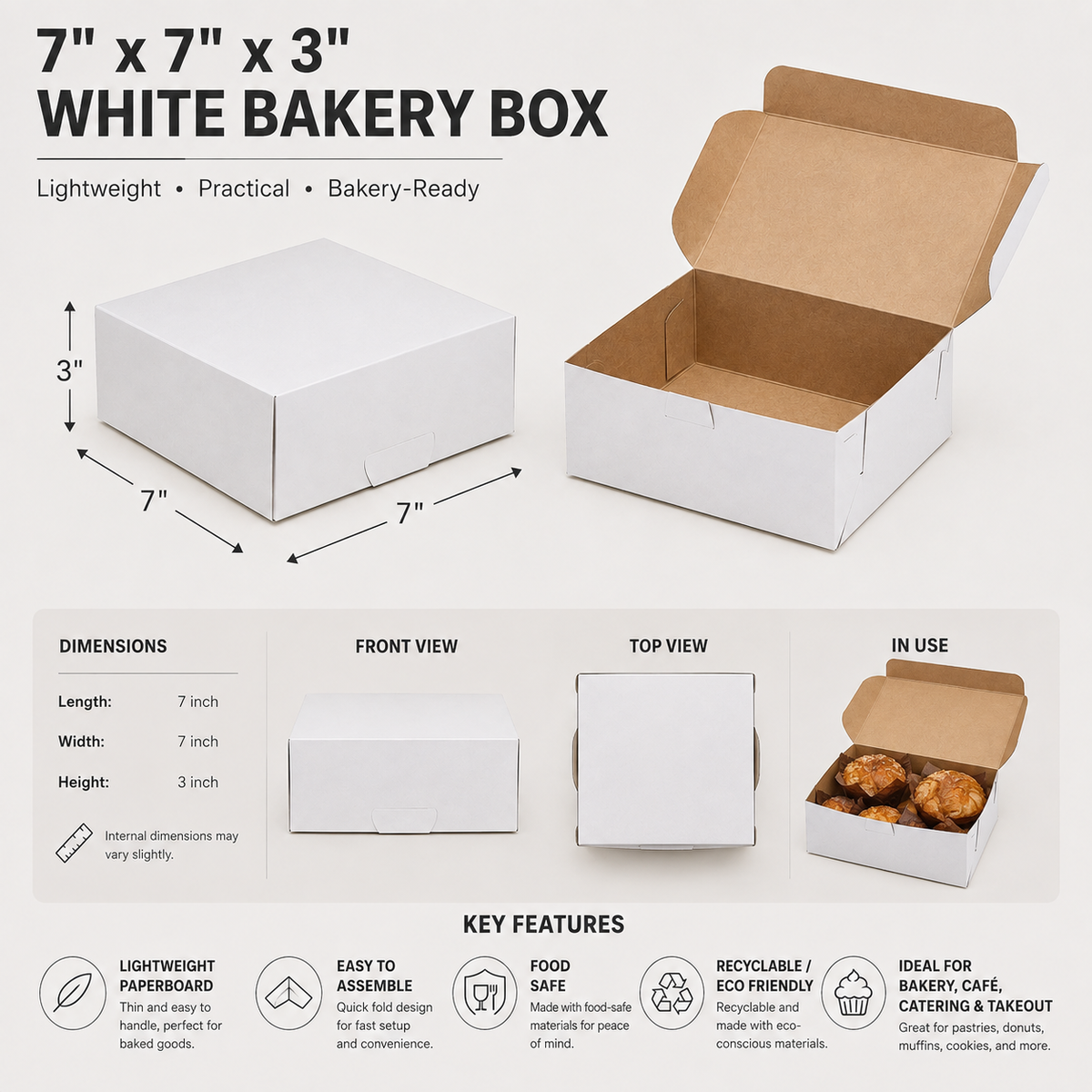 7" x 7" x 3" White Cake / Bakery Box - 250/Case