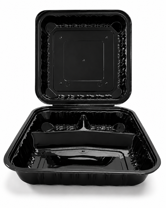 9x9 Hinged Container (3 Compartment) Shine Black - 150/Case