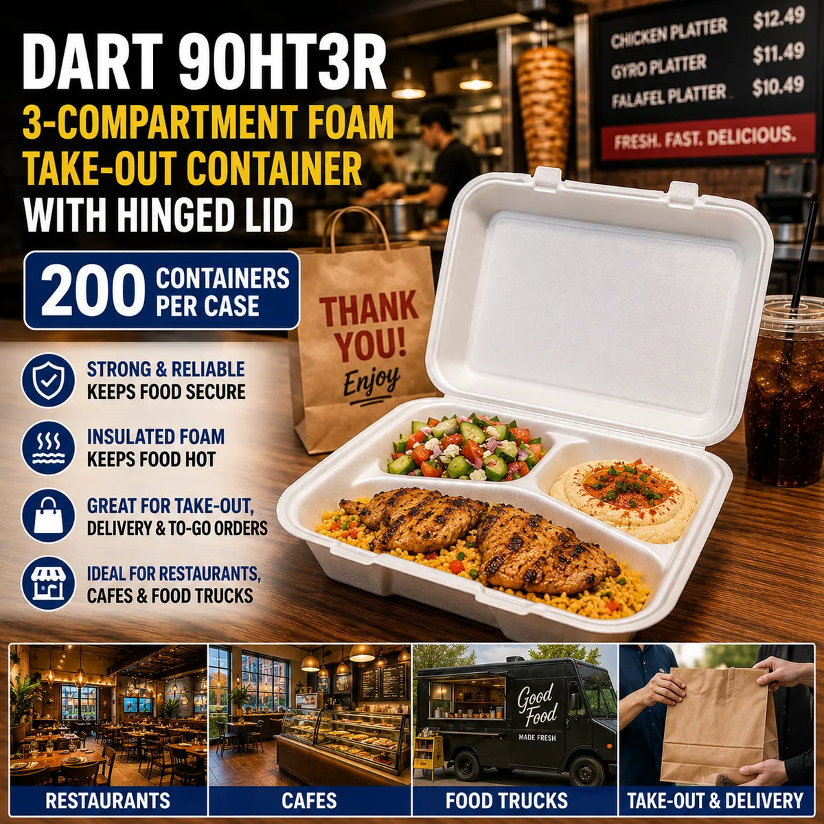 Dart 90HT3R 9 3/8" x 9" x 3" White Foam 3-Compartment Take-Out Container with Hinged Lid - 200/Case