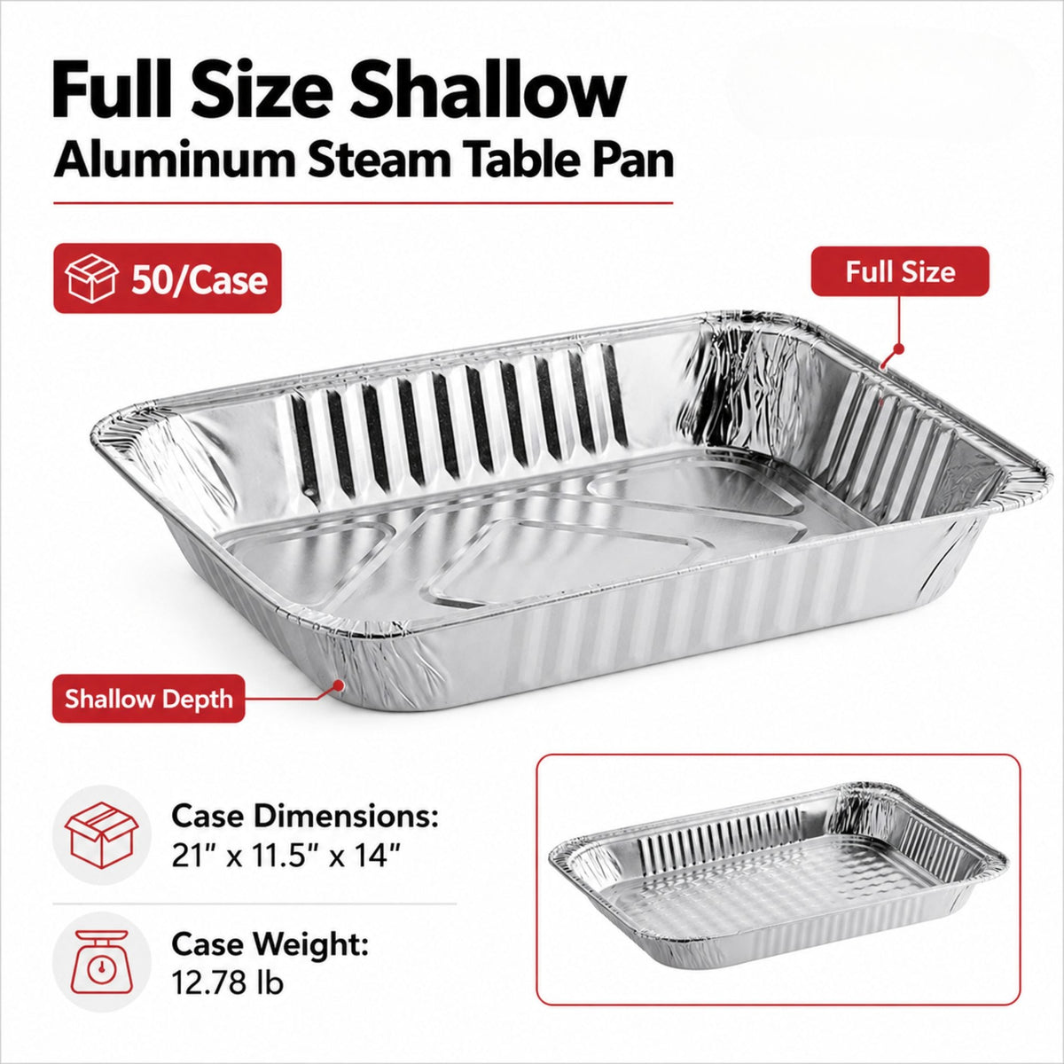Full Size Shallow Aluminum Steam Table Pan - 50/Case