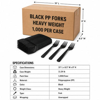 Heavy Weight Black Polypropylene Plastic Forks - 1,000/Case