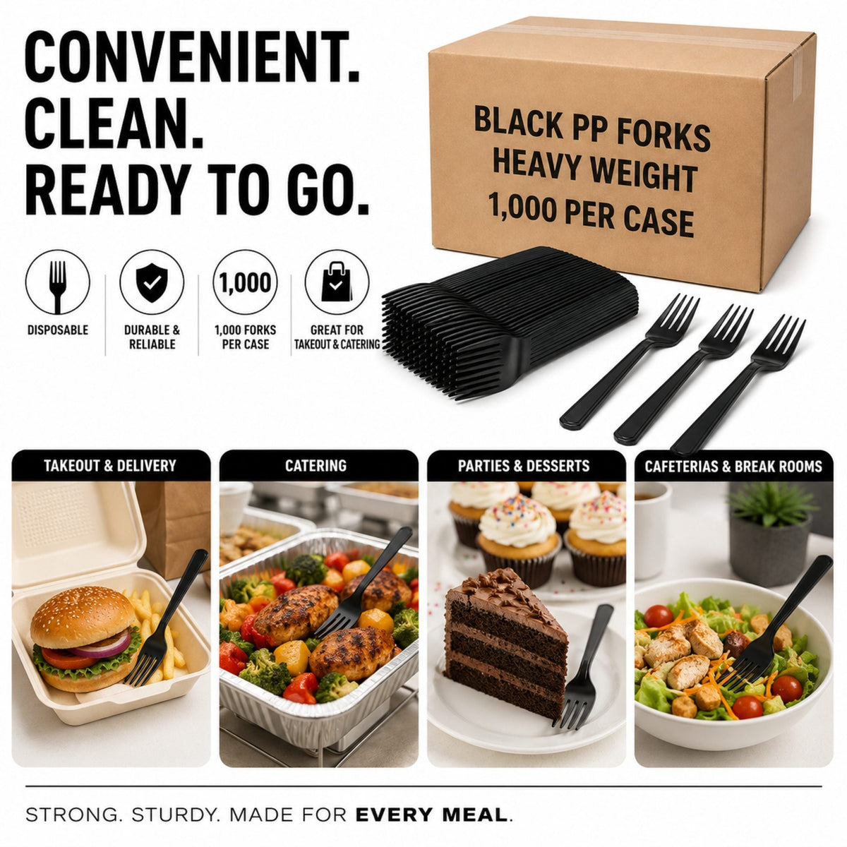 Heavy Weight Black Polypropylene Plastic Forks - 1,000/Case