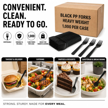 Heavy Weight Black Polypropylene Plastic Forks - 1,000/Case