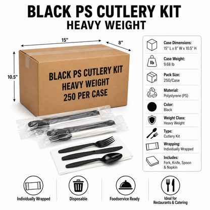 Heavy Weight Black Polystyrene Plastic Cutlery Kit with Napkin - 250/Case