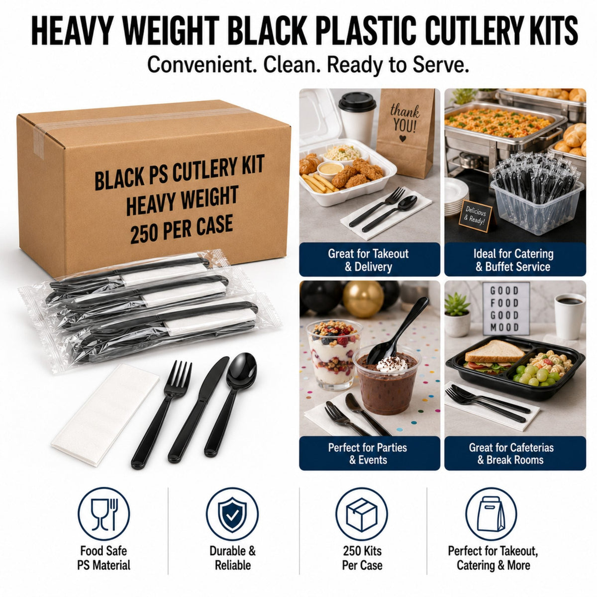 Heavy Weight Black Polystyrene Plastic Cutlery Kit with Napkin - 250/Case