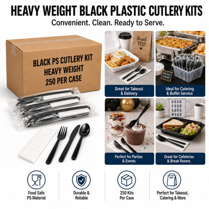 Heavy Weight Black Polystyrene Plastic Cutlery Kit with Napkin - 250/Case