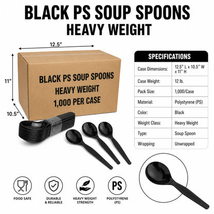 Heavy Weight Black Polystyrene Plastic Soup Spoons - 1,000/Case
