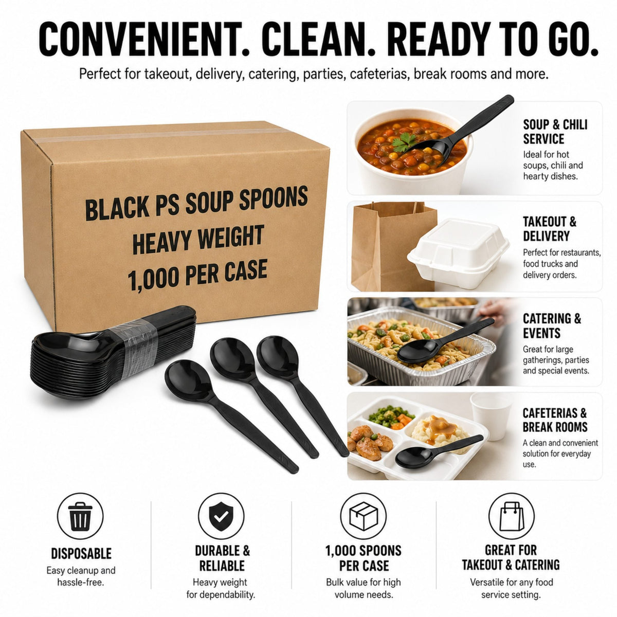 Heavy Weight Black Polystyrene Plastic Soup Spoons - 1,000/Case