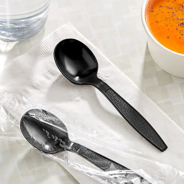 Black Extra Heavy Weight Wrapped Polystyrene Plastic Soup Spoon - 1,000/Case